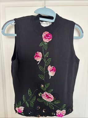 Belldini Black Sleeveless Top with Pink Floral Sequins